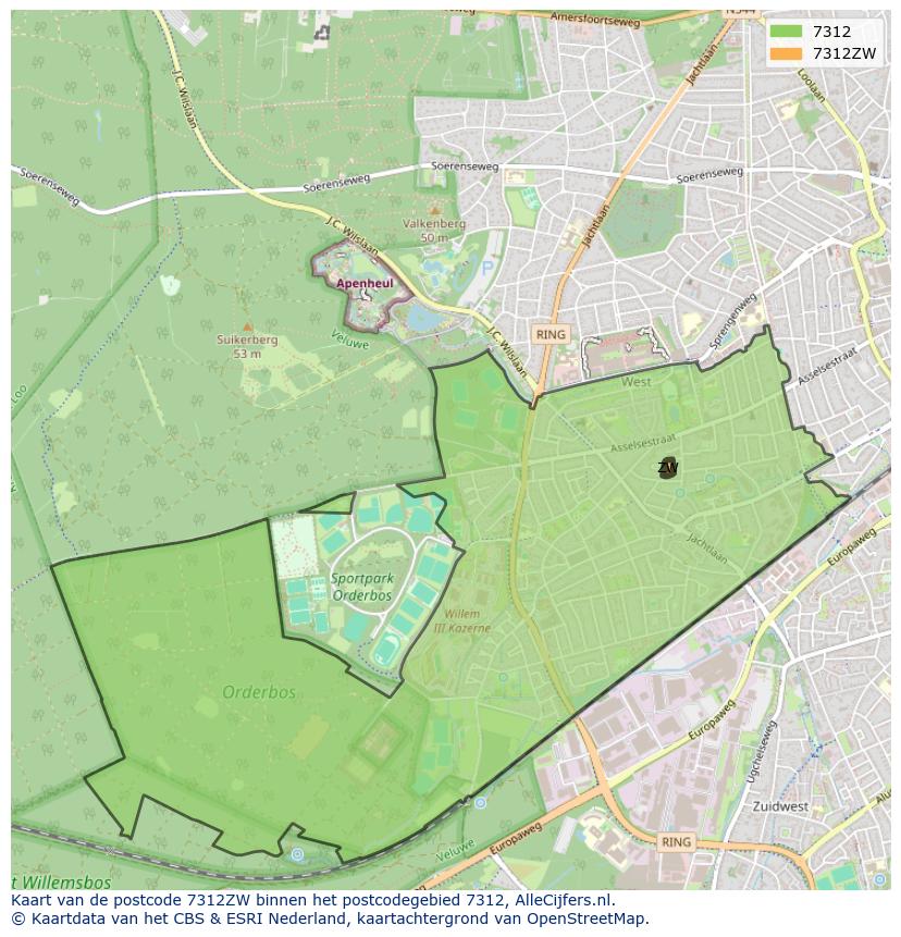 Afbeelding van het postcodegebied 7312 ZW op de kaart.