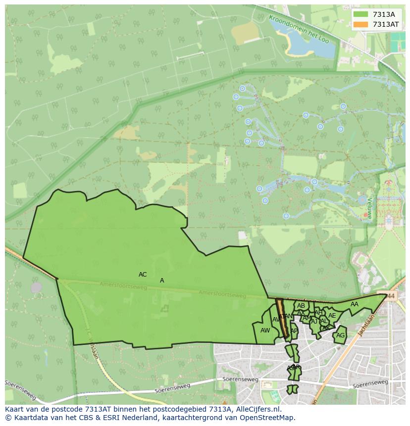 Afbeelding van het postcodegebied 7313 AT op de kaart.