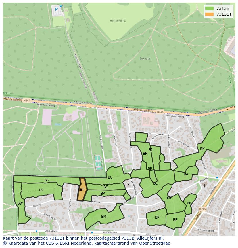 Afbeelding van het postcodegebied 7313 BT op de kaart.