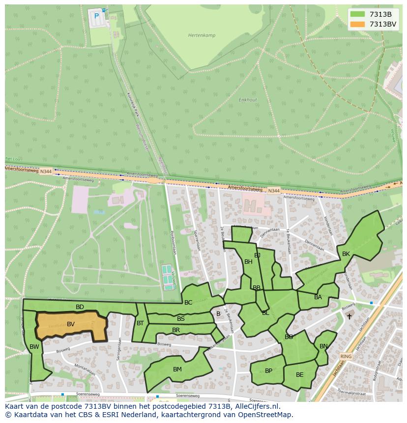 Afbeelding van het postcodegebied 7313 BV op de kaart.