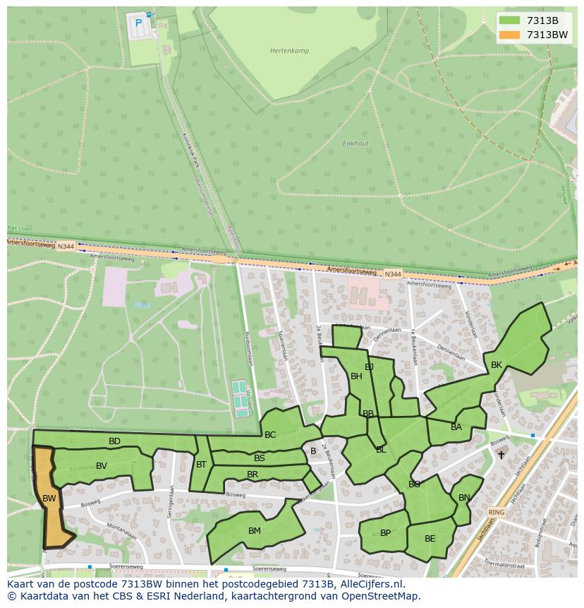 Afbeelding van het postcodegebied 7313 BW op de kaart.