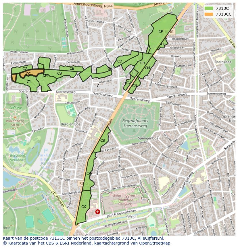 Afbeelding van het postcodegebied 7313 CC op de kaart.