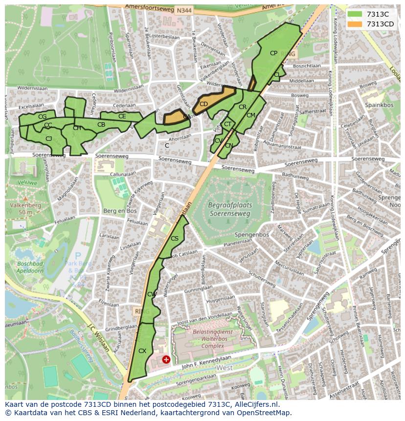 Afbeelding van het postcodegebied 7313 CD op de kaart.