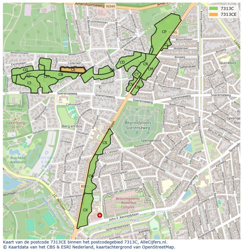 Afbeelding van het postcodegebied 7313 CE op de kaart.