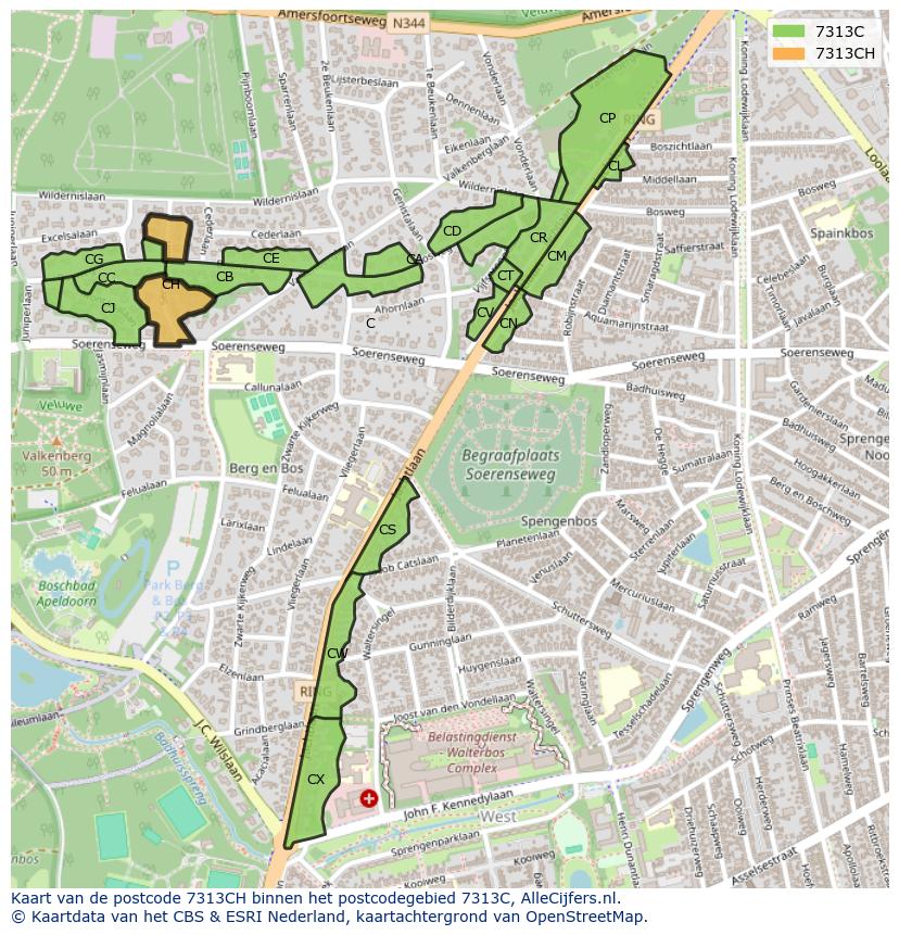 Afbeelding van het postcodegebied 7313 CH op de kaart.