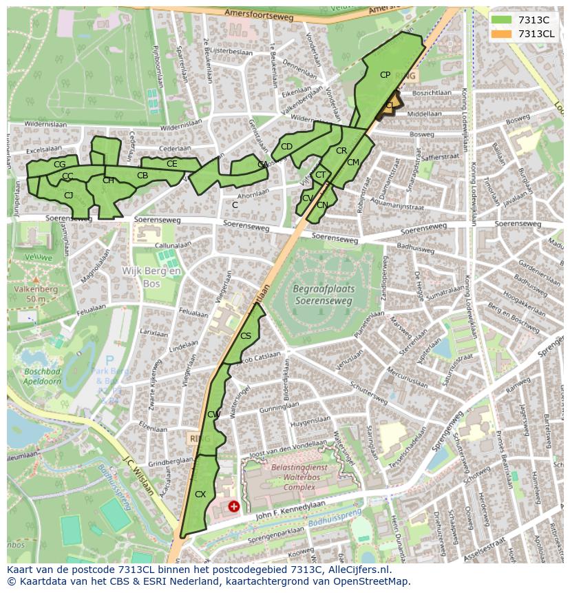 Afbeelding van het postcodegebied 7313 CL op de kaart.