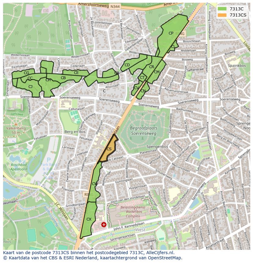 Afbeelding van het postcodegebied 7313 CS op de kaart.