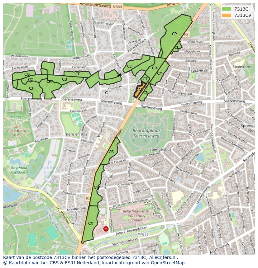 Afbeelding van het postcodegebied 7313 CV op de kaart.