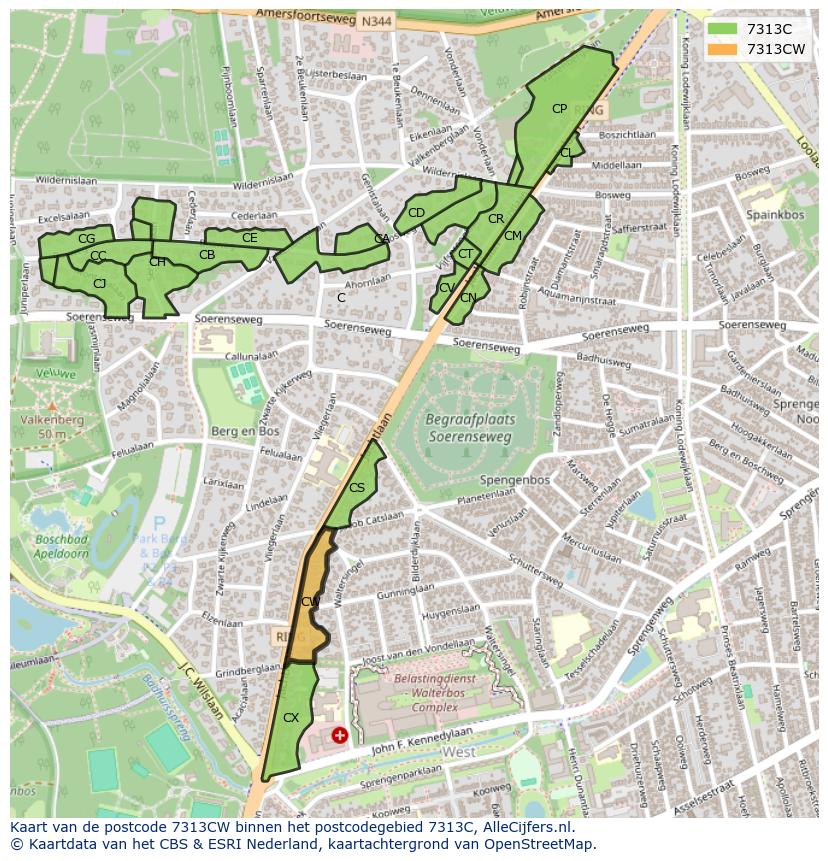 Afbeelding van het postcodegebied 7313 CW op de kaart.
