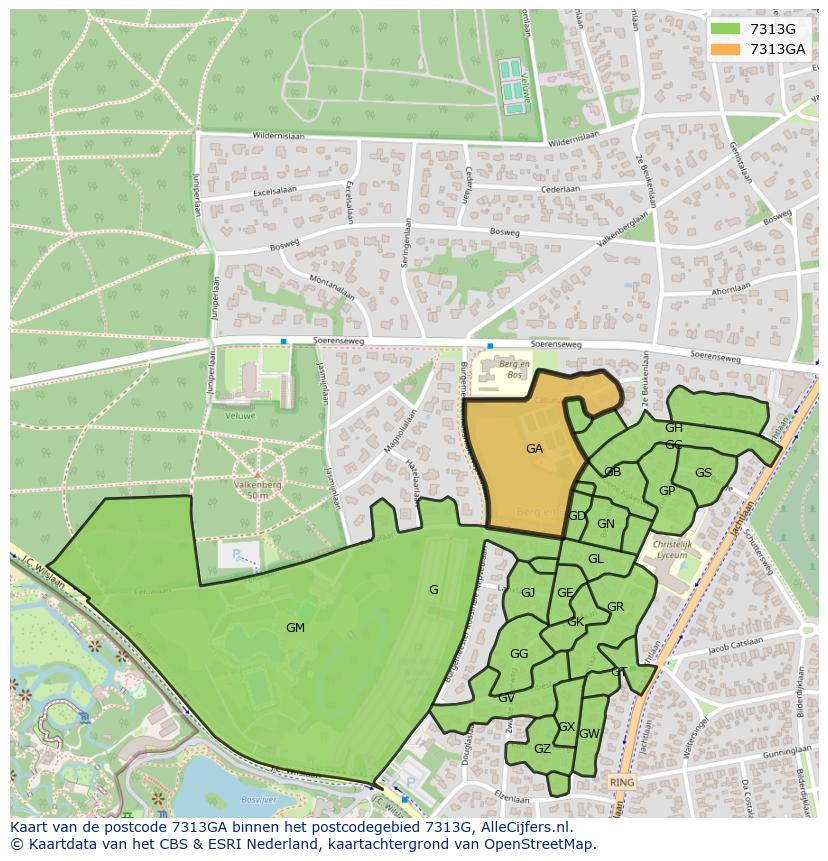 Afbeelding van het postcodegebied 7313 GA op de kaart.