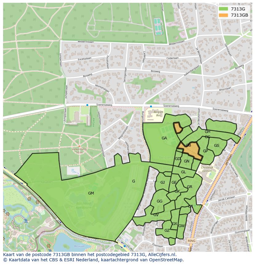 Afbeelding van het postcodegebied 7313 GB op de kaart.