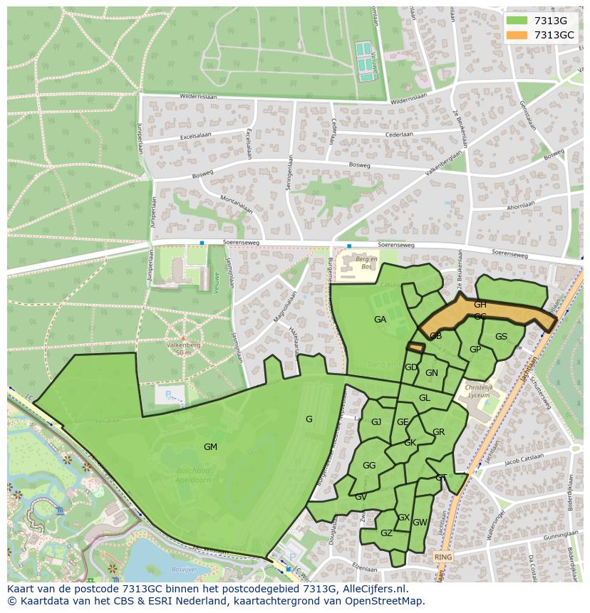 Afbeelding van het postcodegebied 7313 GC op de kaart.