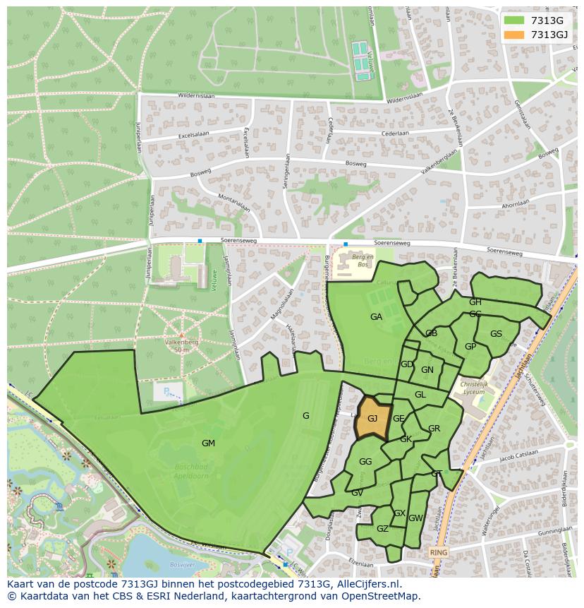 Afbeelding van het postcodegebied 7313 GJ op de kaart.