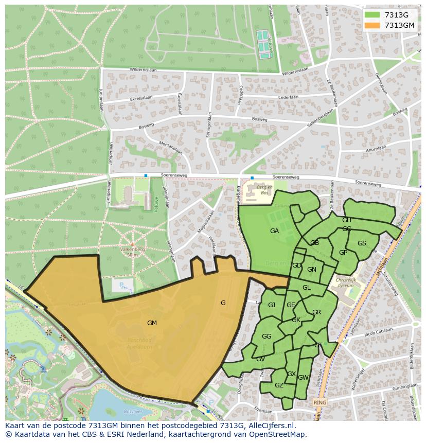 Afbeelding van het postcodegebied 7313 GM op de kaart.