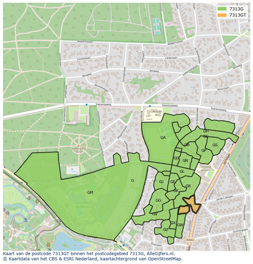 Afbeelding van het postcodegebied 7313 GT op de kaart.