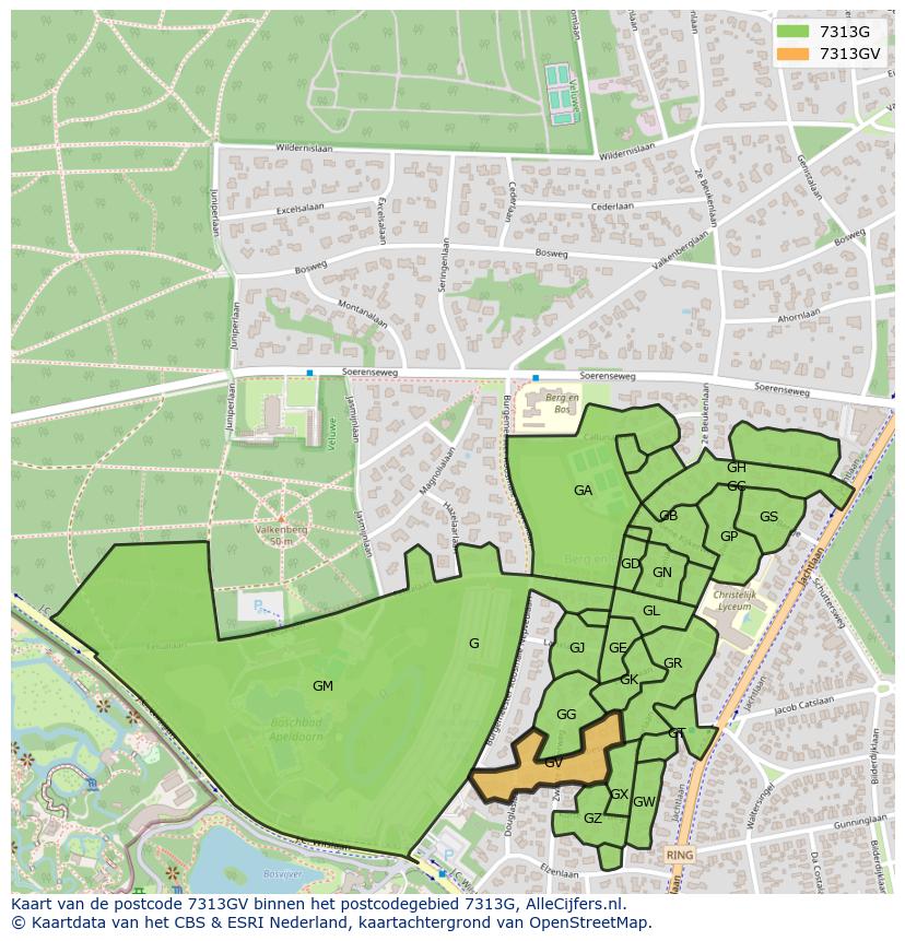Afbeelding van het postcodegebied 7313 GV op de kaart.
