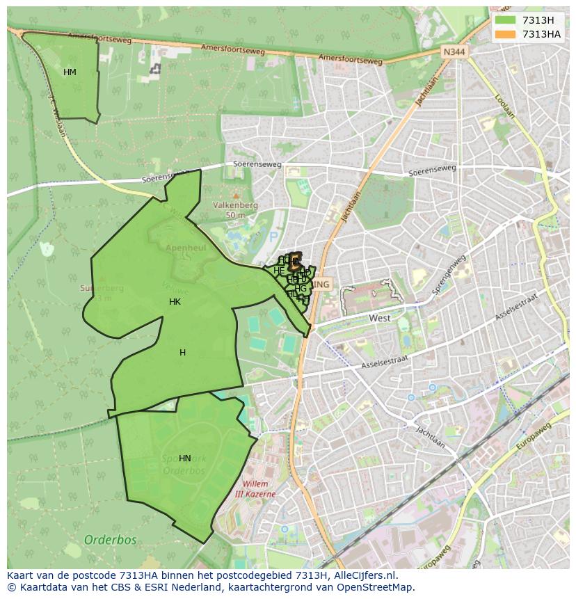 Afbeelding van het postcodegebied 7313 HA op de kaart.