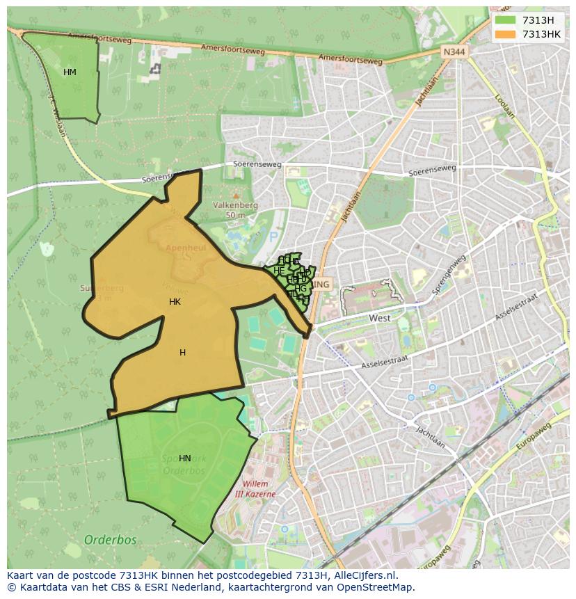 Afbeelding van het postcodegebied 7313 HK op de kaart.