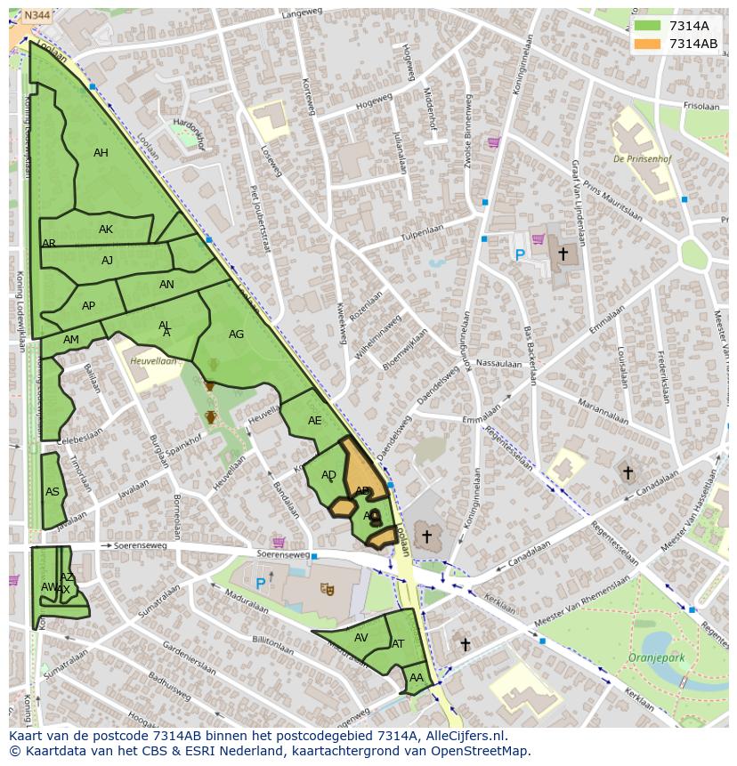 Afbeelding van het postcodegebied 7314 AB op de kaart.