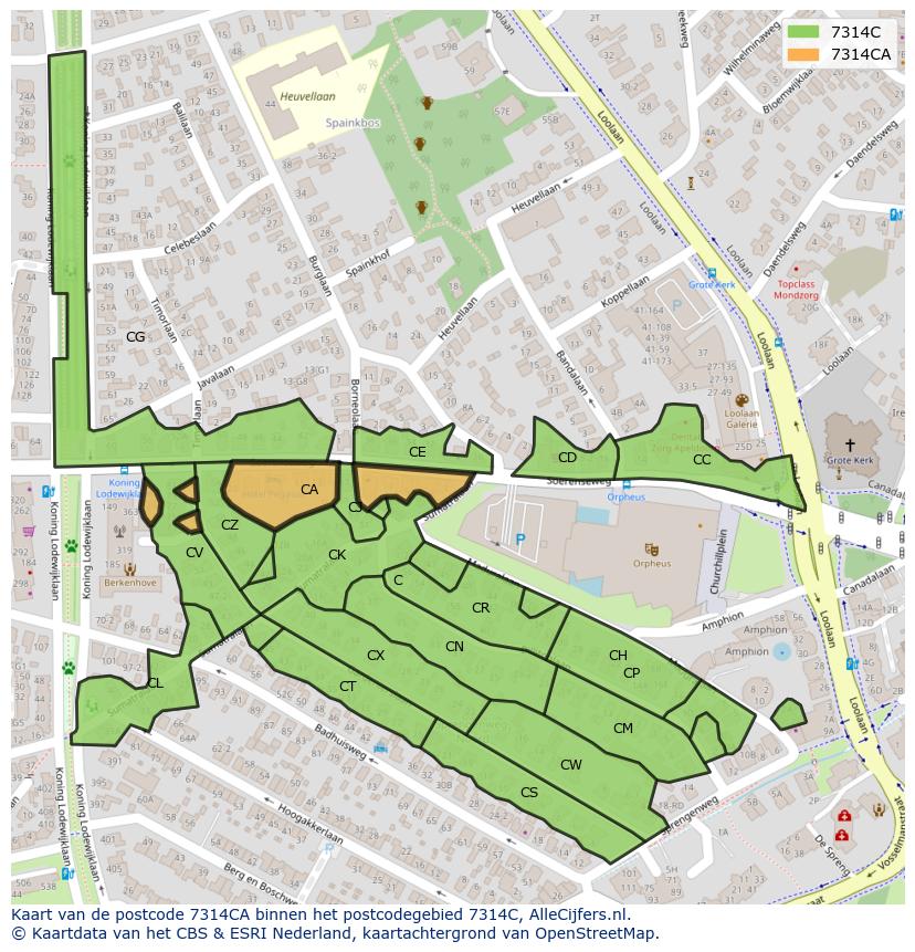 Afbeelding van het postcodegebied 7314 CA op de kaart.