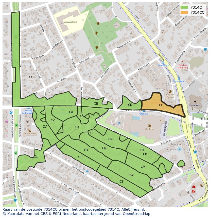 Afbeelding van het postcodegebied 7314 CC op de kaart.