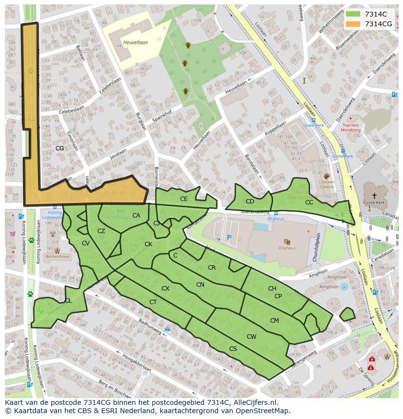 Afbeelding van het postcodegebied 7314 CG op de kaart.