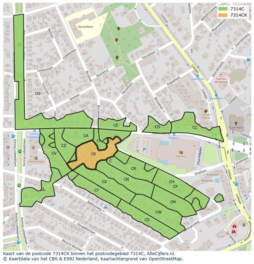 Afbeelding van het postcodegebied 7314 CK op de kaart.