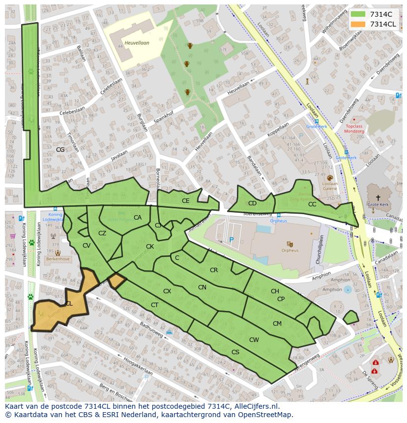 Afbeelding van het postcodegebied 7314 CL op de kaart.
