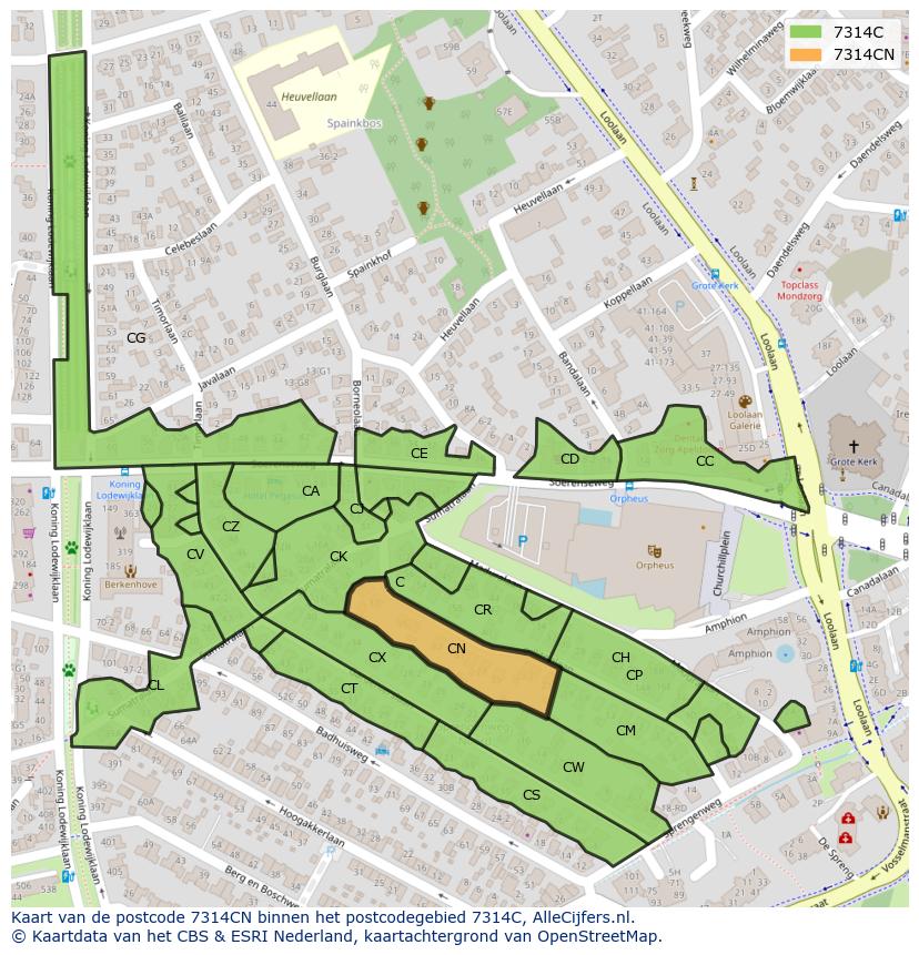 Afbeelding van het postcodegebied 7314 CN op de kaart.