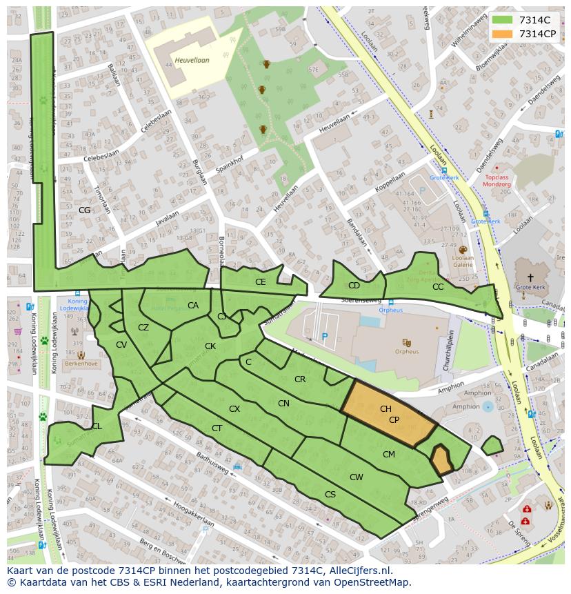 Afbeelding van het postcodegebied 7314 CP op de kaart.
