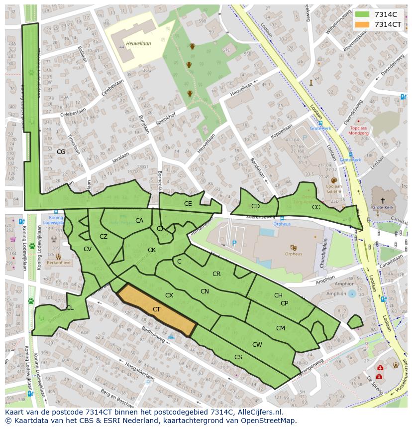 Afbeelding van het postcodegebied 7314 CT op de kaart.
