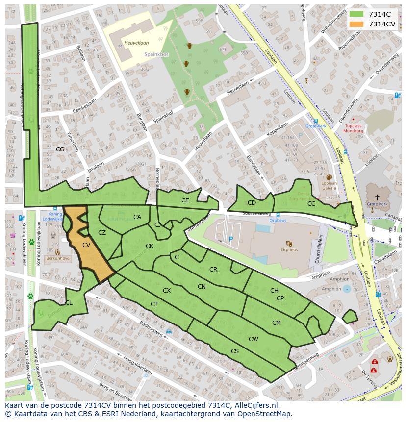 Afbeelding van het postcodegebied 7314 CV op de kaart.