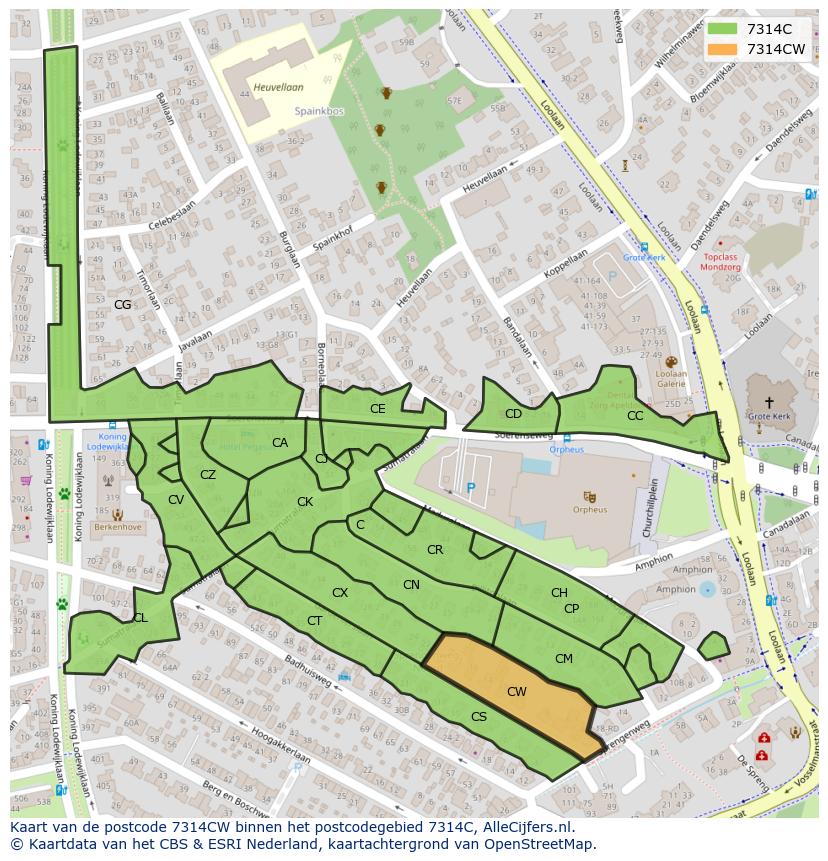 Afbeelding van het postcodegebied 7314 CW op de kaart.