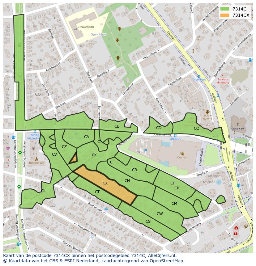 Afbeelding van het postcodegebied 7314 CX op de kaart.