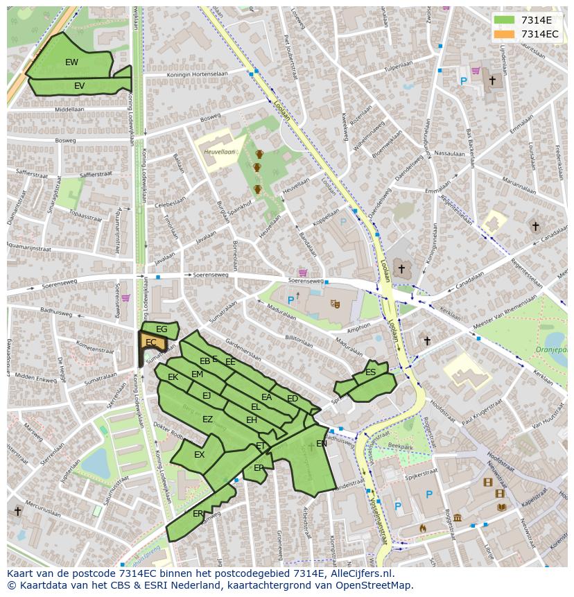 Afbeelding van het postcodegebied 7314 EC op de kaart.