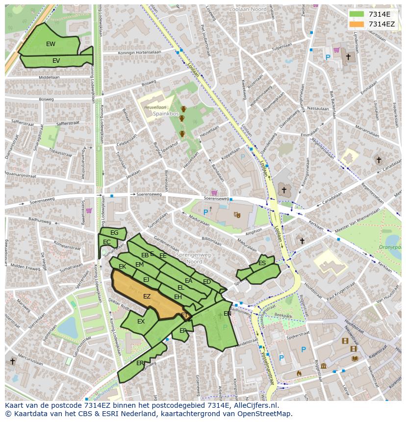 Afbeelding van het postcodegebied 7314 EZ op de kaart.