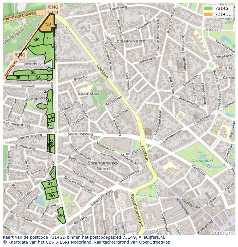 Afbeelding van het postcodegebied 7314 GD op de kaart.
