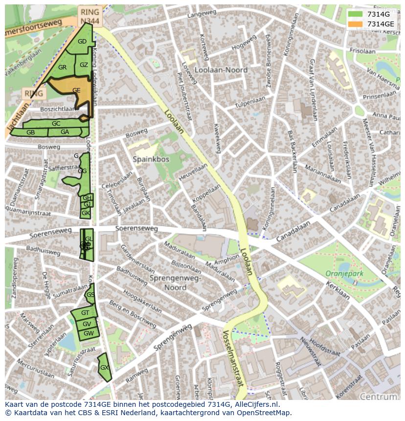 Afbeelding van het postcodegebied 7314 GE op de kaart.