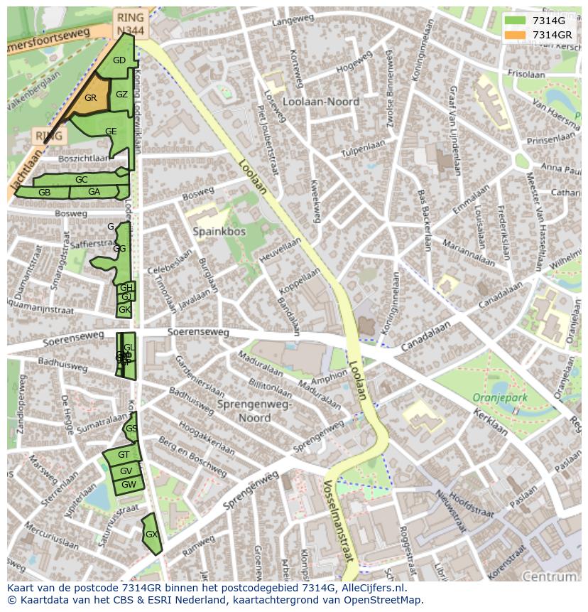 Afbeelding van het postcodegebied 7314 GR op de kaart.