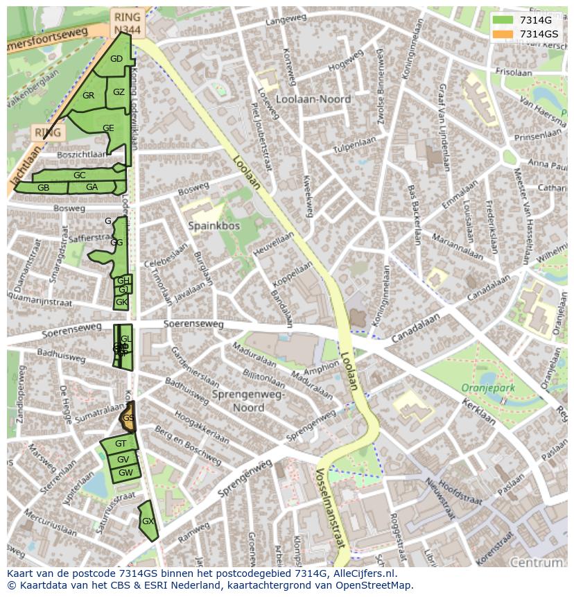 Afbeelding van het postcodegebied 7314 GS op de kaart.