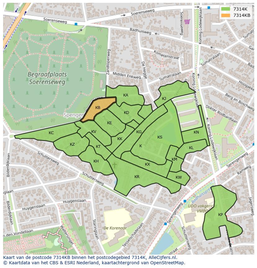 Afbeelding van het postcodegebied 7314 KB op de kaart.