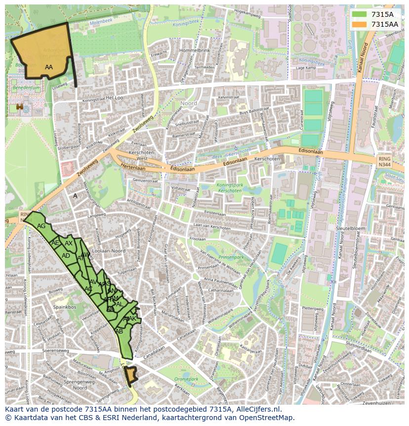 Afbeelding van het postcodegebied 7315 AA op de kaart.