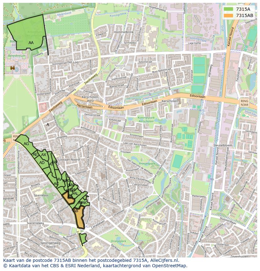 Afbeelding van het postcodegebied 7315 AB op de kaart.