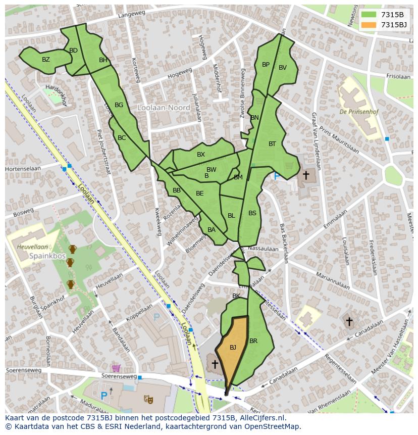 Afbeelding van het postcodegebied 7315 BJ op de kaart.