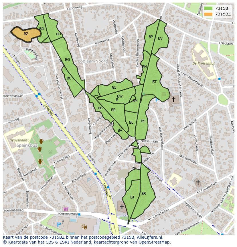 Afbeelding van het postcodegebied 7315 BZ op de kaart.