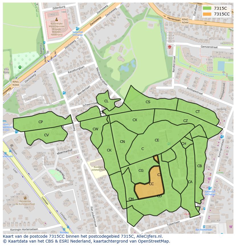 Afbeelding van het postcodegebied 7315 CC op de kaart.