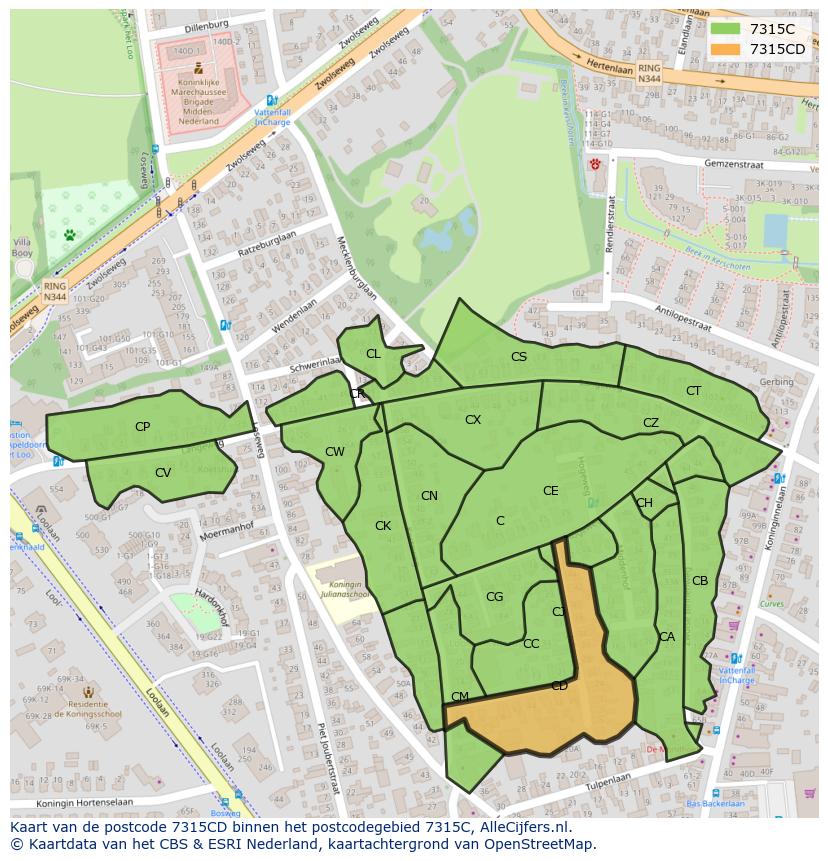 Afbeelding van het postcodegebied 7315 CD op de kaart.