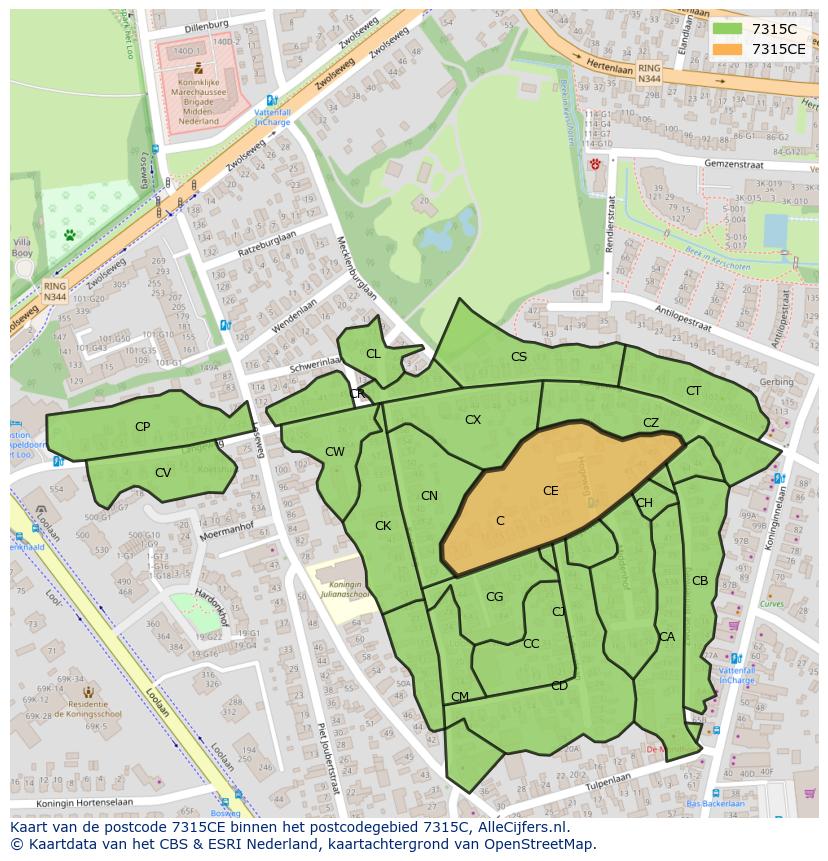 Afbeelding van het postcodegebied 7315 CE op de kaart.