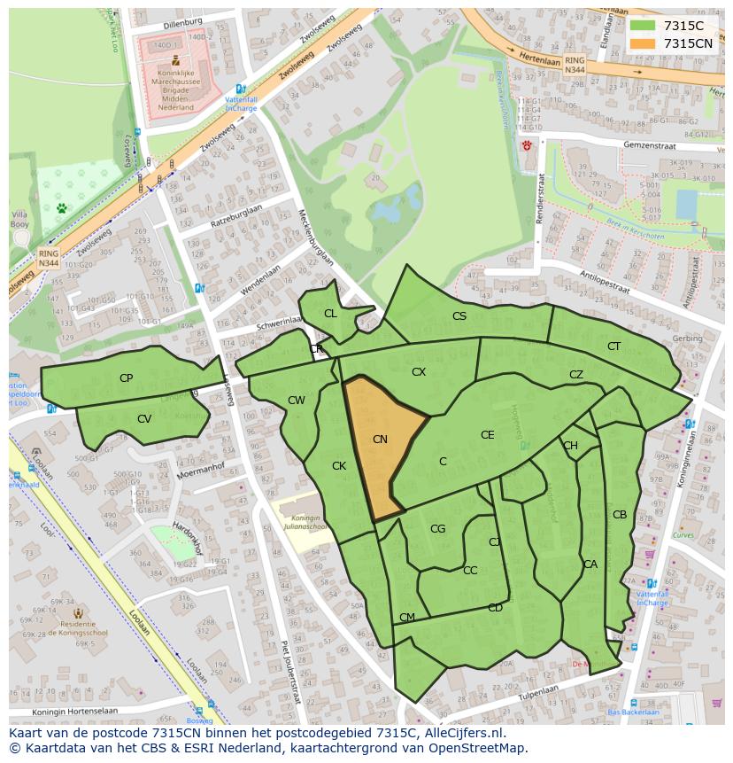 Afbeelding van het postcodegebied 7315 CN op de kaart.