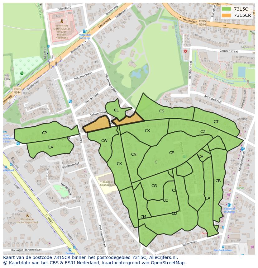 Afbeelding van het postcodegebied 7315 CR op de kaart.